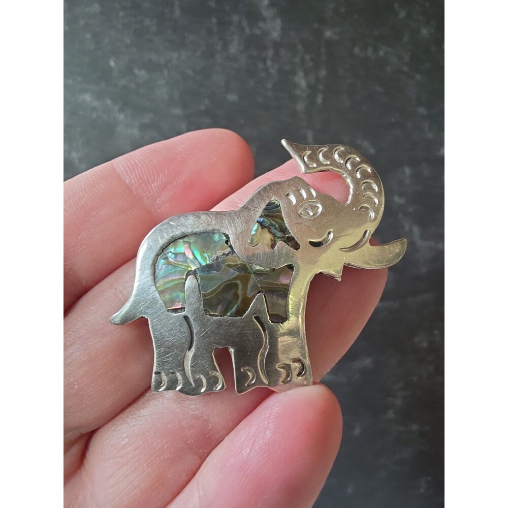 Mexican 925 Sterling Silver Abalone Shell Elephant Brooch Vintage